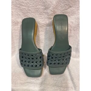 Tory Burch Woven Slide Sandals Wood Heel Teal Square Toe Women's Size 5.5